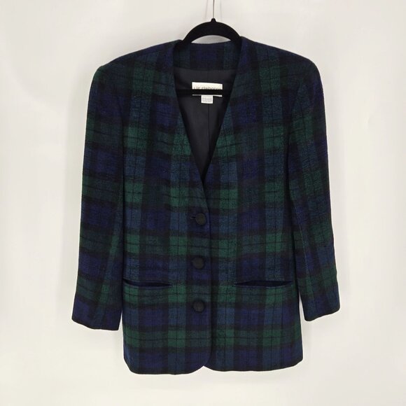 Liz Claiborne size 4 green blue Tartan plaid 3 button long blazer wool blend - Picture 13 of 13